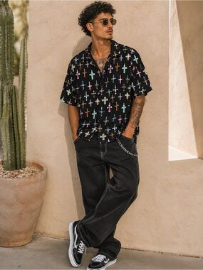 Fresh Prints of Bel-Air Cross Print Button up Shirt Large Y2K Streetwear